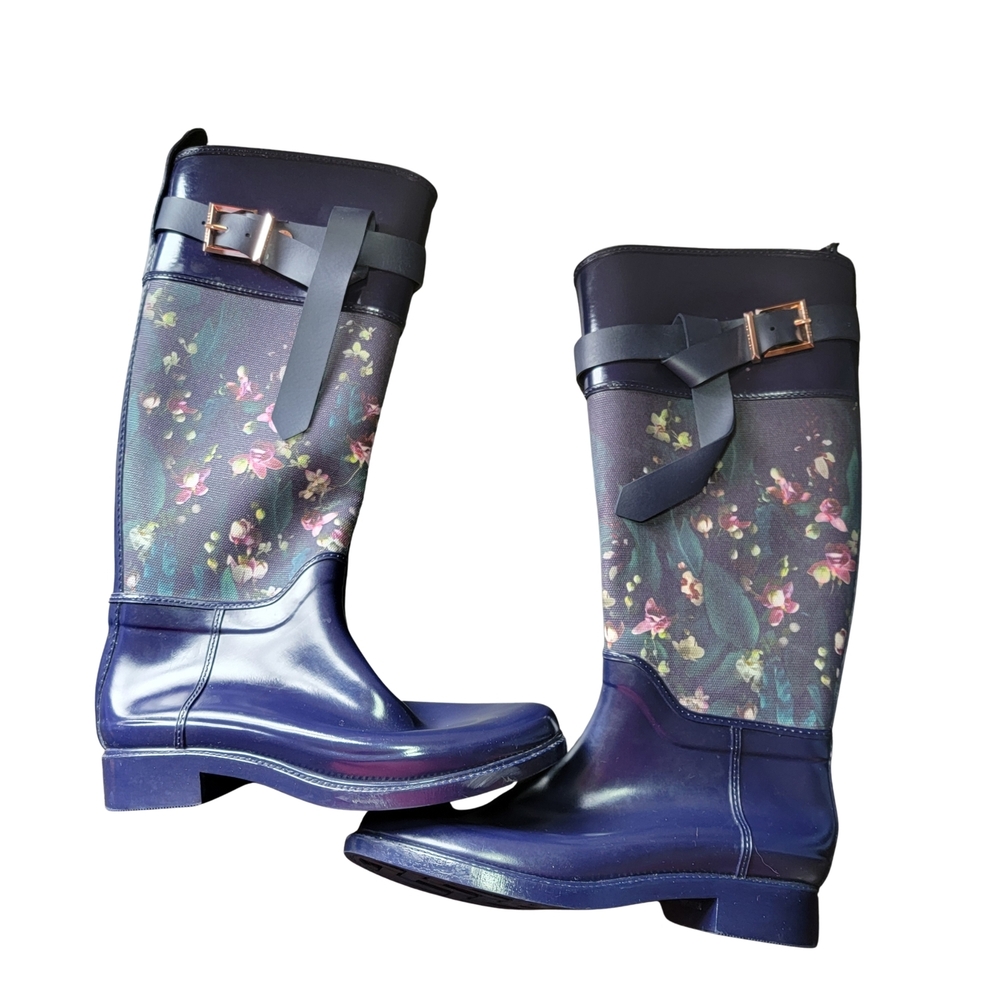 Ted Baker Hampto Blue Floral Tall Rain Boots with Buckle Strap Size 8 - Picture 5 of 14